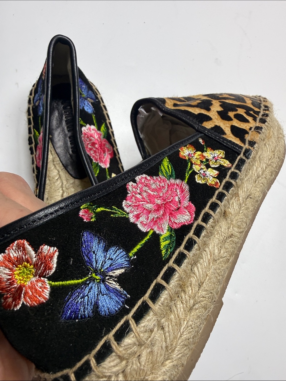 Johnny Was Garden black suede Leopard floral print Espadrilles NWOT S-559 Sz 8.5 - Picture 8 of 10